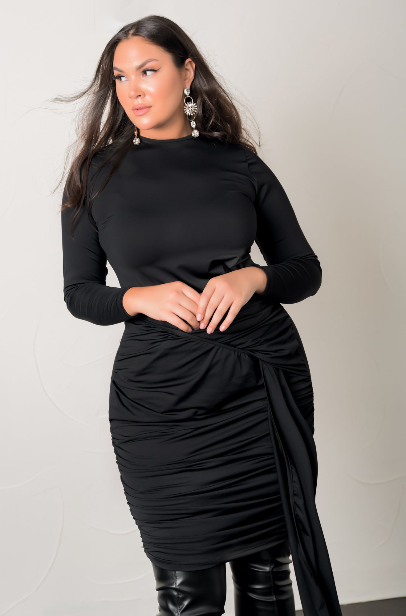 Long Sleeve Faux Wrap Midi Dress  REBDOLLS